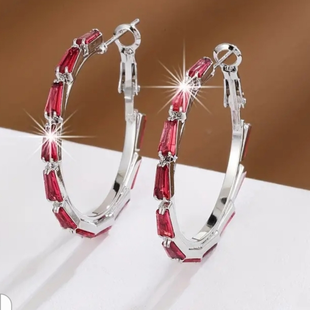 Red Gemstone Silver Hoop Earrings